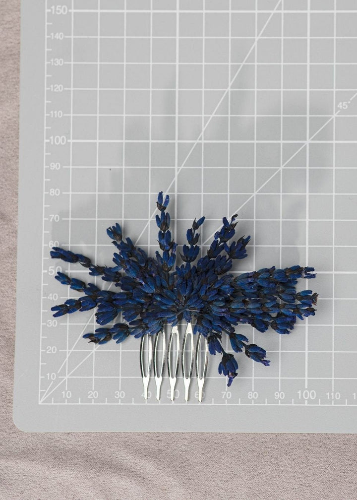 Navy Blue Lavender Flower Comb: Bridal Hair Piece – handmade floral hair accessory by magaela