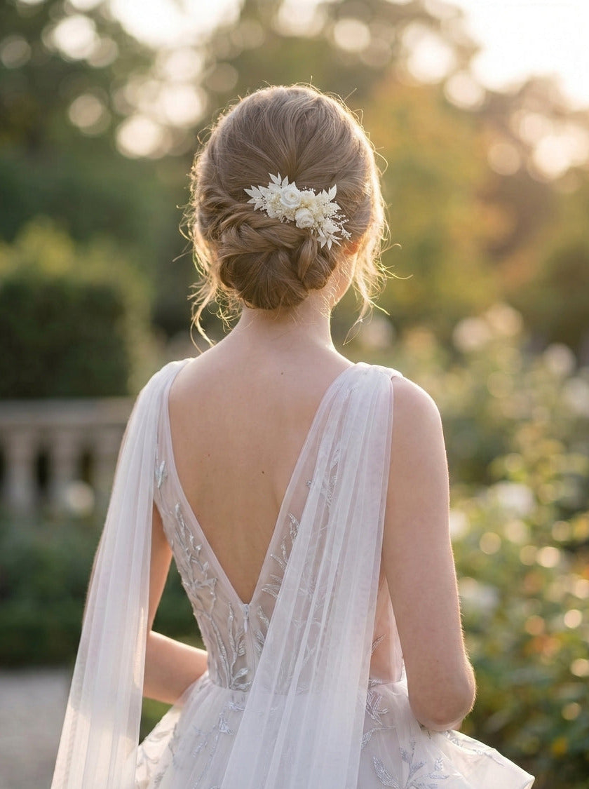 A woman seen from behind wearing a white lace bridal gown with a deep V back, sheer draped overlay, and a floral hair accessory in her styled updo, photographed outdoors in warm golden light.
