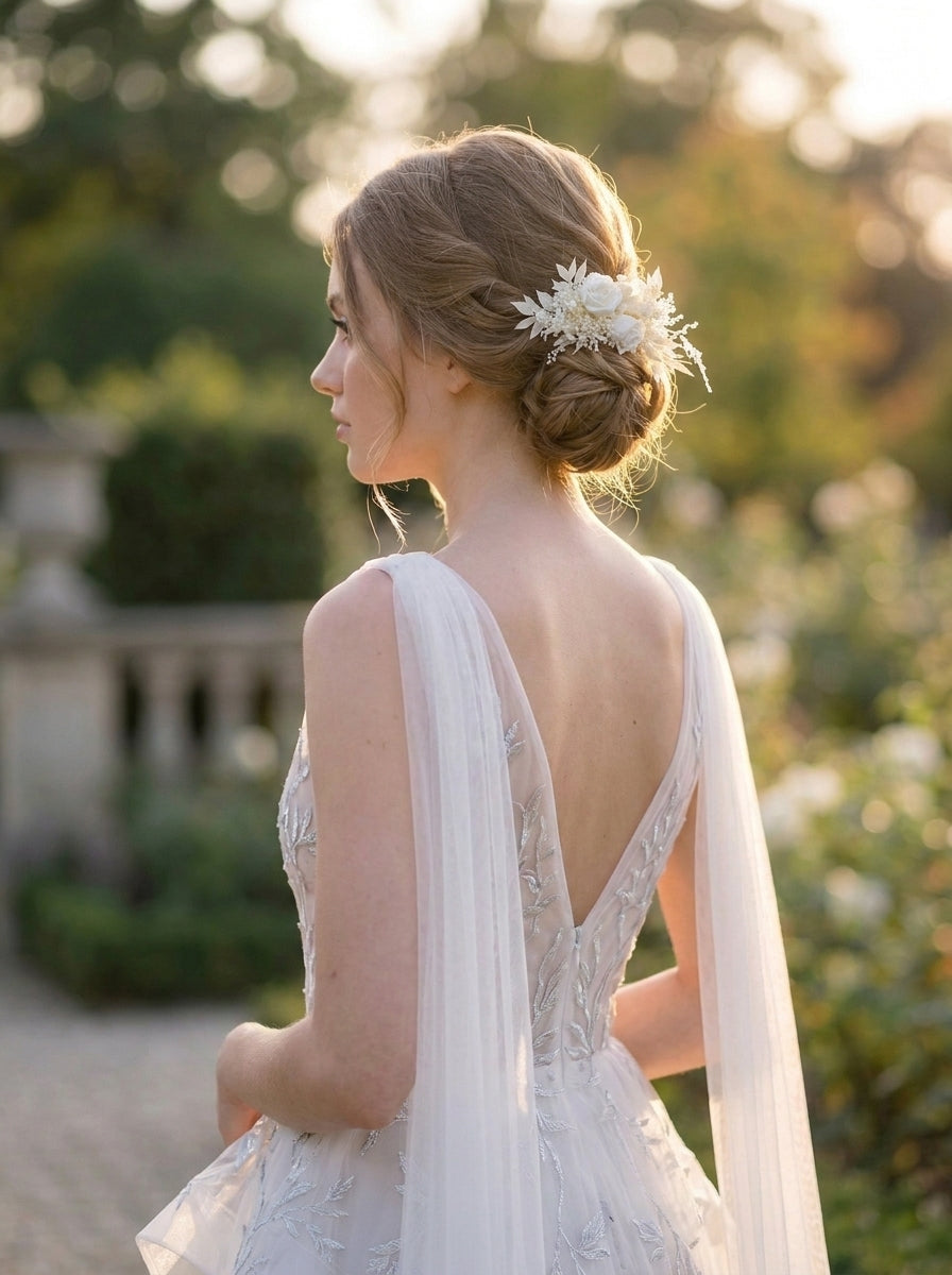 A woman in a white wedding dress with a sheer veil and floral hair accessory, photographed outdoors in warm golden light with a blurred garden background.