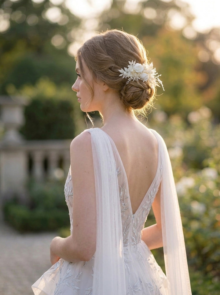 A woman in a white wedding dress with a sheer veil and floral hair accessory, photographed outdoors in warm golden light with a blurred garden background.