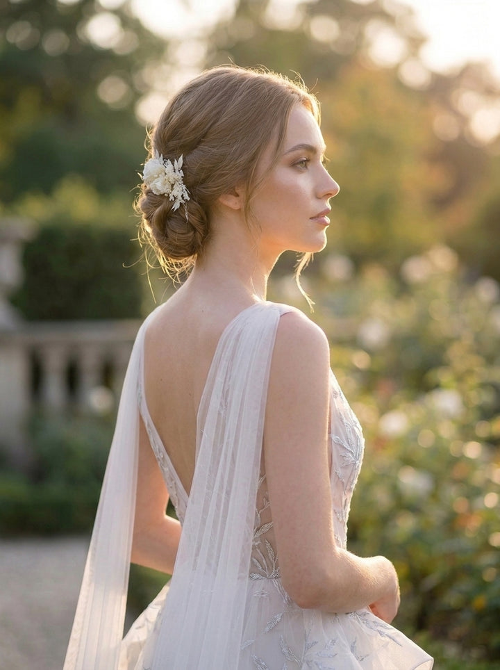 A woman in a white bridal gown with a sheer veil and floral hair accessory, photographed outdoors in warm golden light with a blurred garden background.