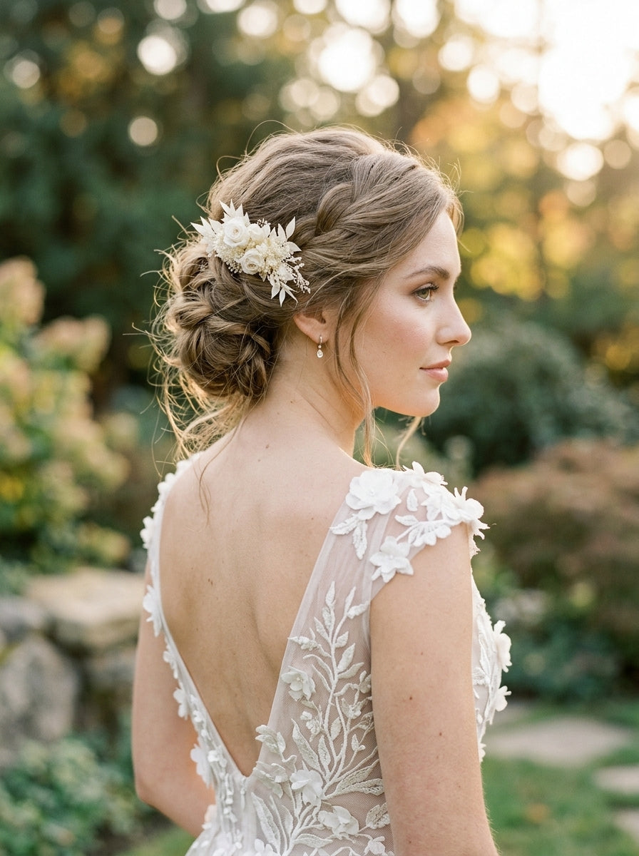A woman in profile wearing a white lace bridal gown with floral applique and a low open back, outdoors with a blurred garden background and warm sunlight.