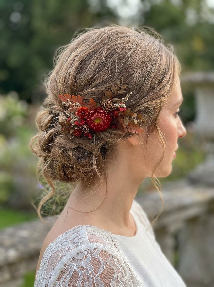 A woman in profile wearing a white lace top and an updo hairstyle decorated with a rustic dried floral hair accessory featuring red flowers, brown leaves, and pinecones, set against a blurred garden background.