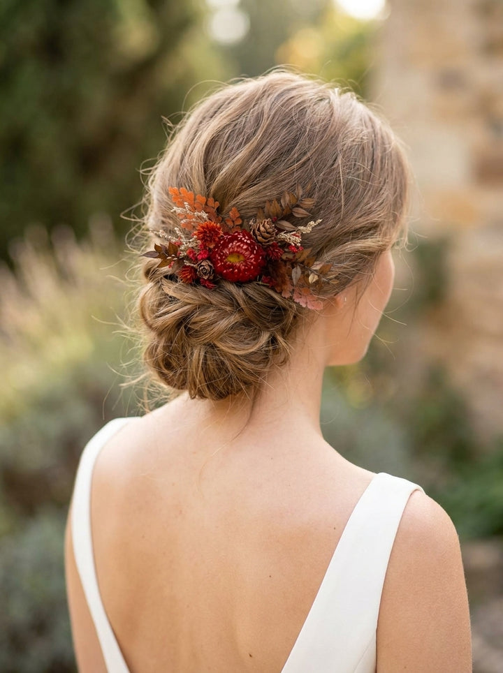 A woman shown from the back wearing a white dress, with her hair styled in an updo and decorated with a small fall floral hair accessory in red, orange, and brown tones, set against a blurred outdoor background.