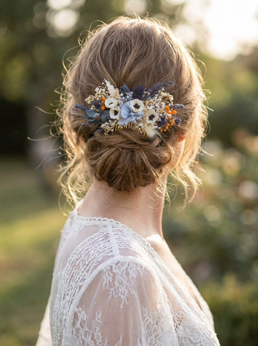 A woman shown from the back wearing a delicate floral hair accessory in a bun, photographed outdoors with a softly blurred green background.