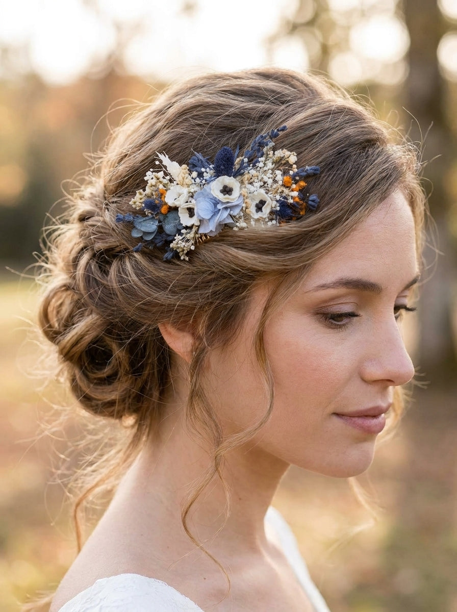 A woman in profile wearing a blue and white floral hair accessory with dried flowers and small amber accents, photographed outdoors against a softly blurred warm-toned background.
