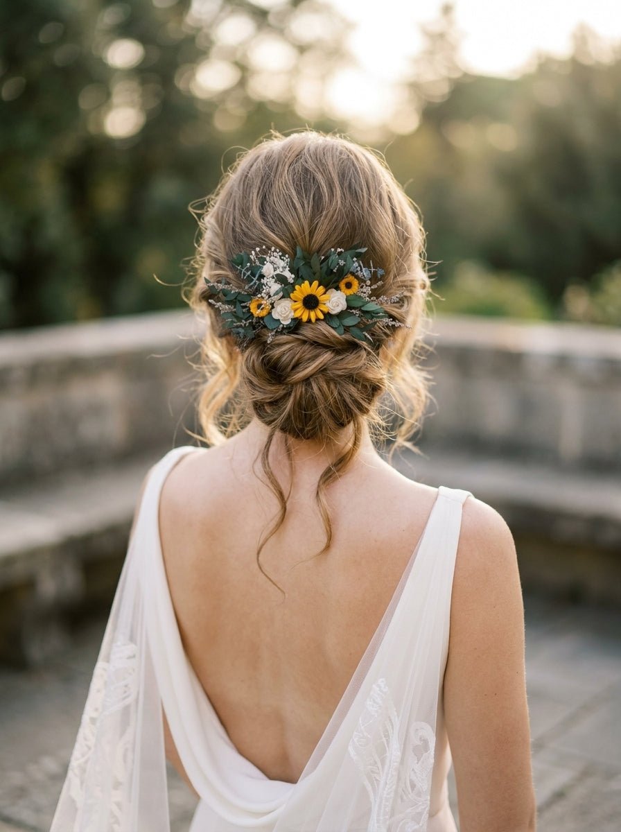 Sunflower Hair Comb with White Roses and Eucalyptus – handmade floral hair accessory by magaela