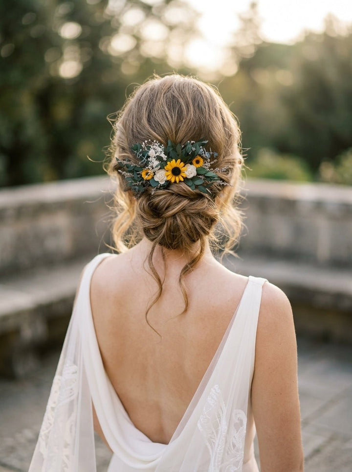 Sunflower Hair Comb with White Roses and Eucalyptus – handmade floral hair accessory by magaela