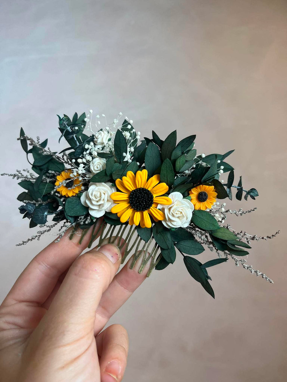 Sunflower Hair Comb with White Roses and Eucalyptus – handmade floral hair accessory by magaela