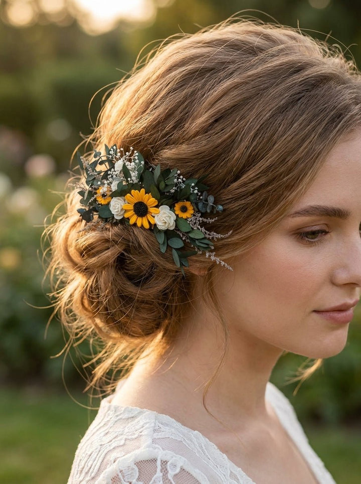 Sunflower Hair Comb with White Roses and Eucalyptus – handmade floral hair accessory by magaela