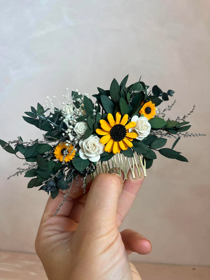 Sunflower Hair Comb with White Roses and Eucalyptus – handmade floral hair accessory by magaela