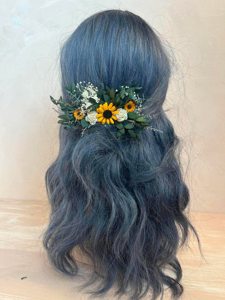 Sunflower Hair Comb with White Roses and Eucalyptus – handmade floral hair accessory by magaela
