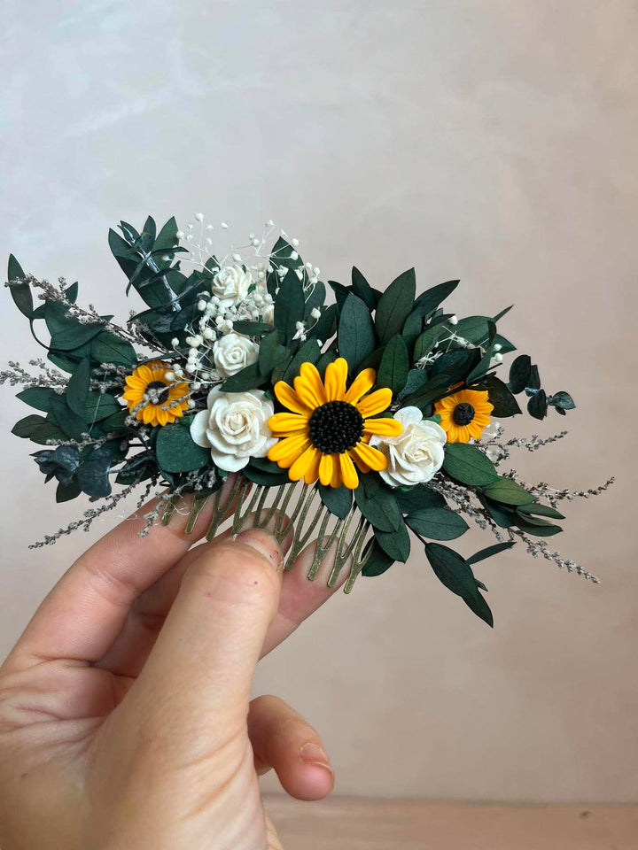 Sunflower Hair Comb with White Roses and Eucalyptus – handmade floral hair accessory by magaela