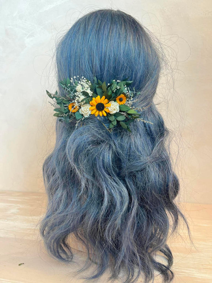 Sunflower Hair Comb with White Roses and Eucalyptus – handmade floral hair accessory by magaela