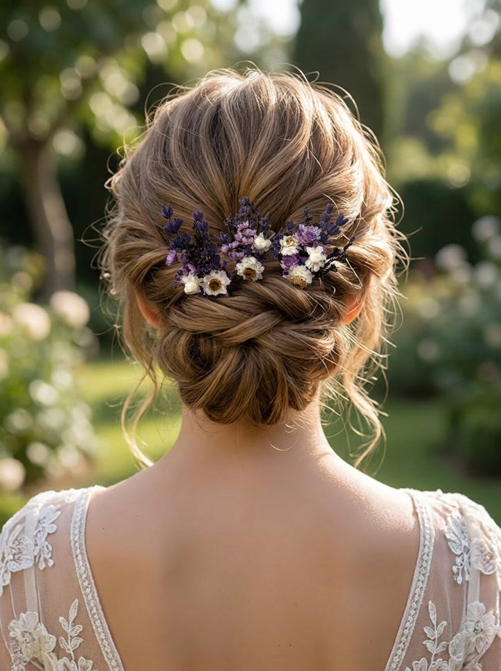 A woman photographed from behind outdoors, wearing an updo hairstyle with a small floral hair accessory in purple and white flowers. She is wearing a white lace-embroidered dress, with a blurred green garden background.