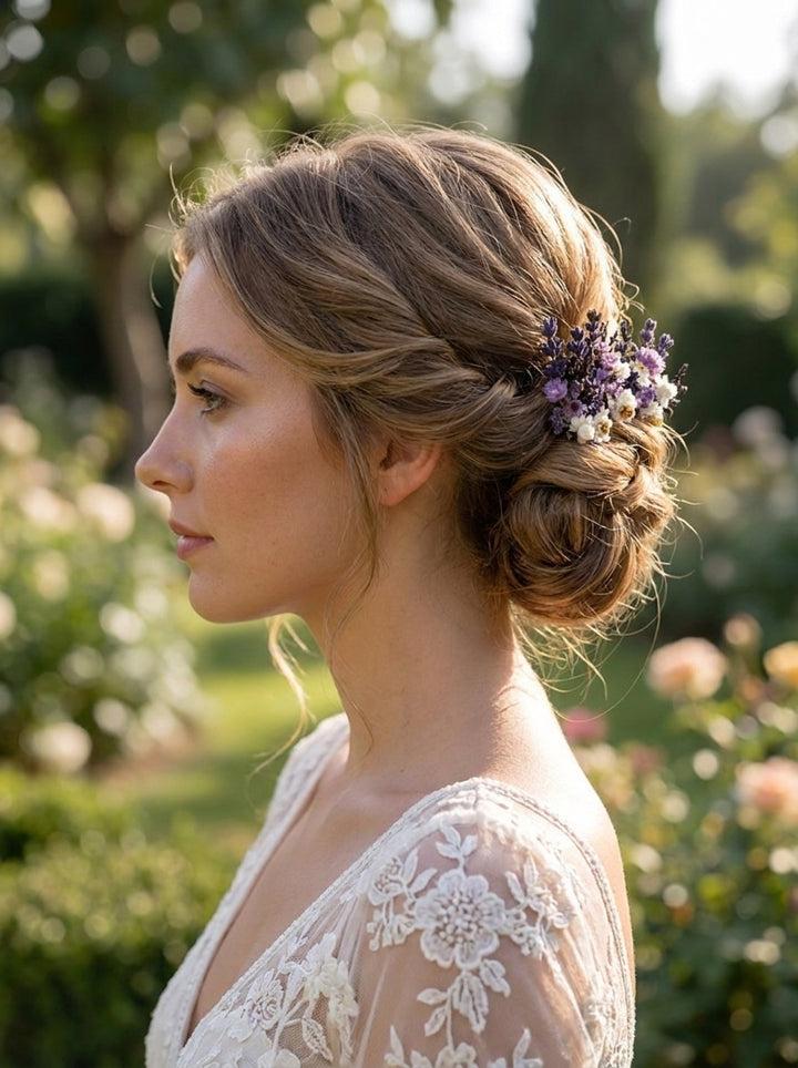 A woman in profile wearing a delicate purple floral hair accessory in an updo, set against a soft-focus garden background.