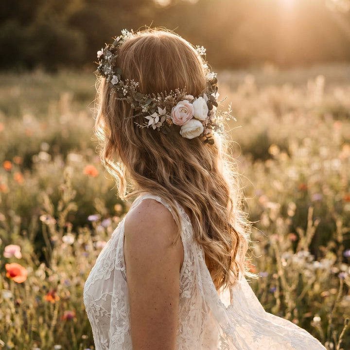 Boho Wedding Flower Crown: Romantic Hair Wreath with Comb – handmade floral hair accessory by magaela
