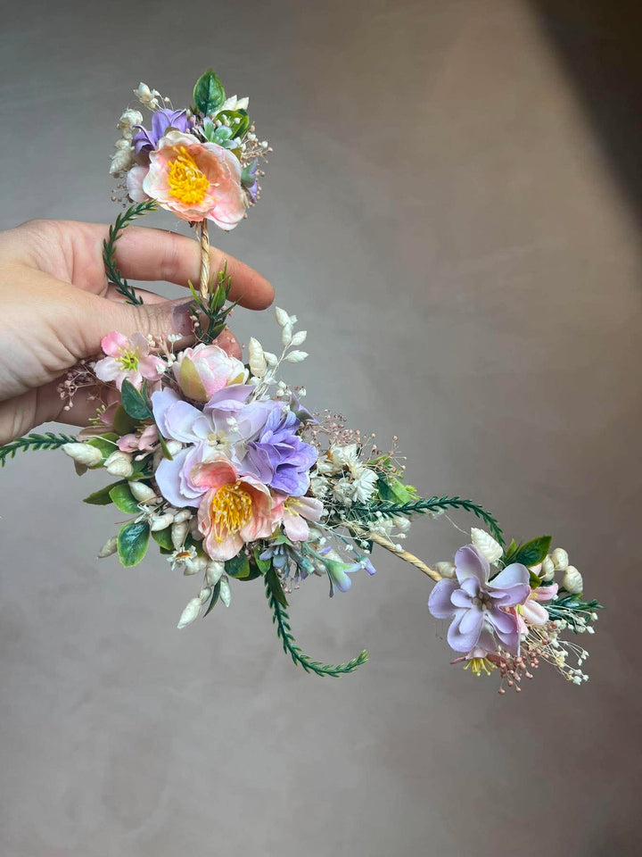 Apricot and Lilac Floral Hair Vine with 5 Hair Clips: Cascading hair accessory – handmade floral hair accessory by magaela