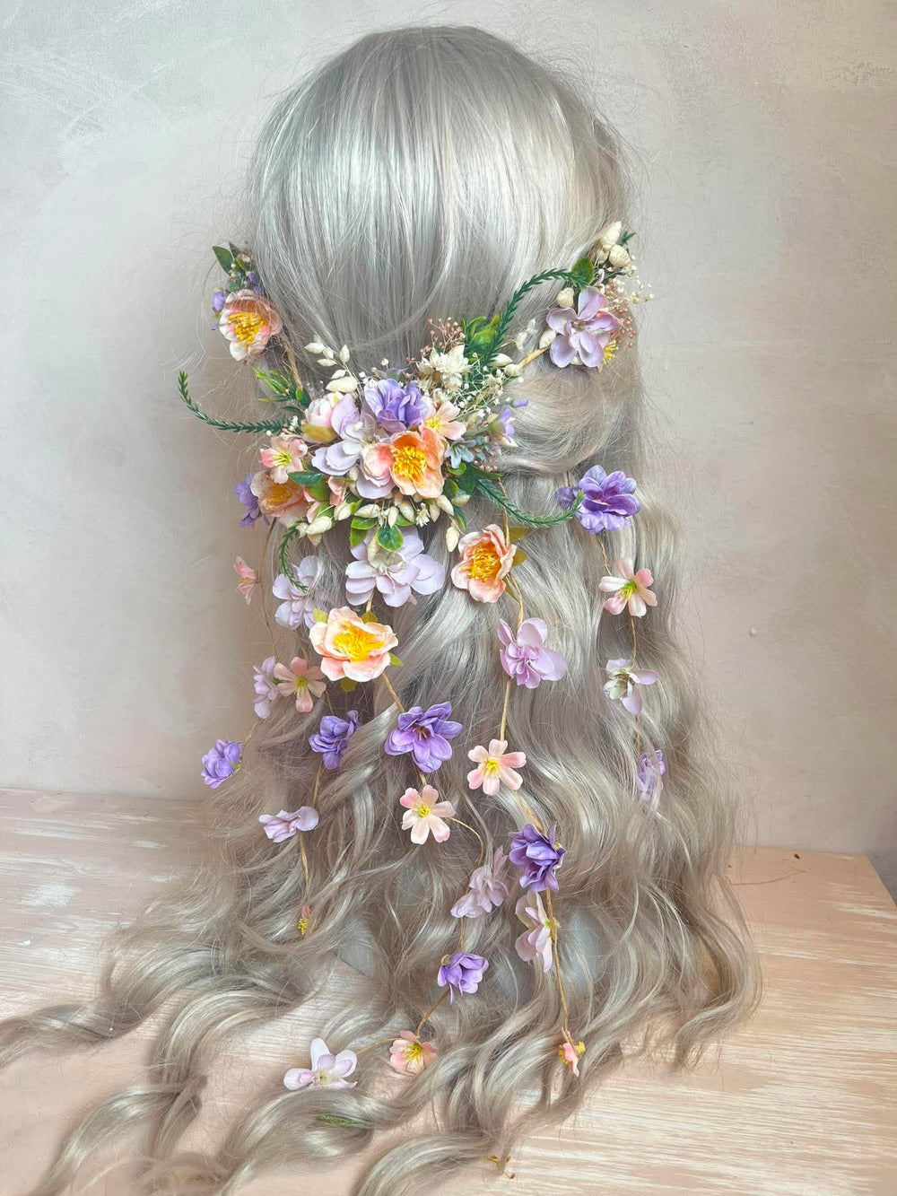 Apricot and Lilac Floral Hair Vine with 5 Hair Clips: Cascading hair accessory – handmade floral hair accessory by magaela