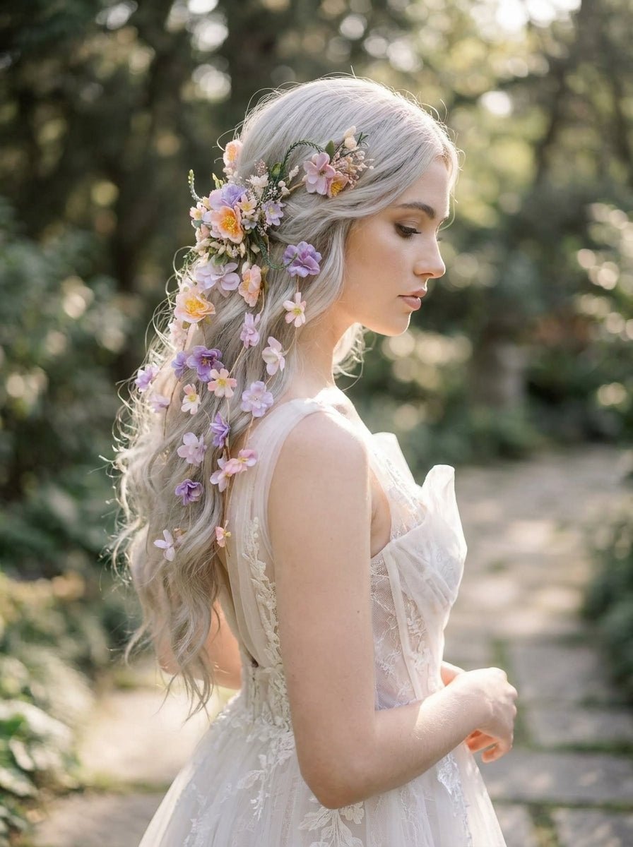 Apricot and Lilac Floral Hair Vine with 5 Hair Clips: Cascading hair accessory – handmade floral hair accessory by magaela
