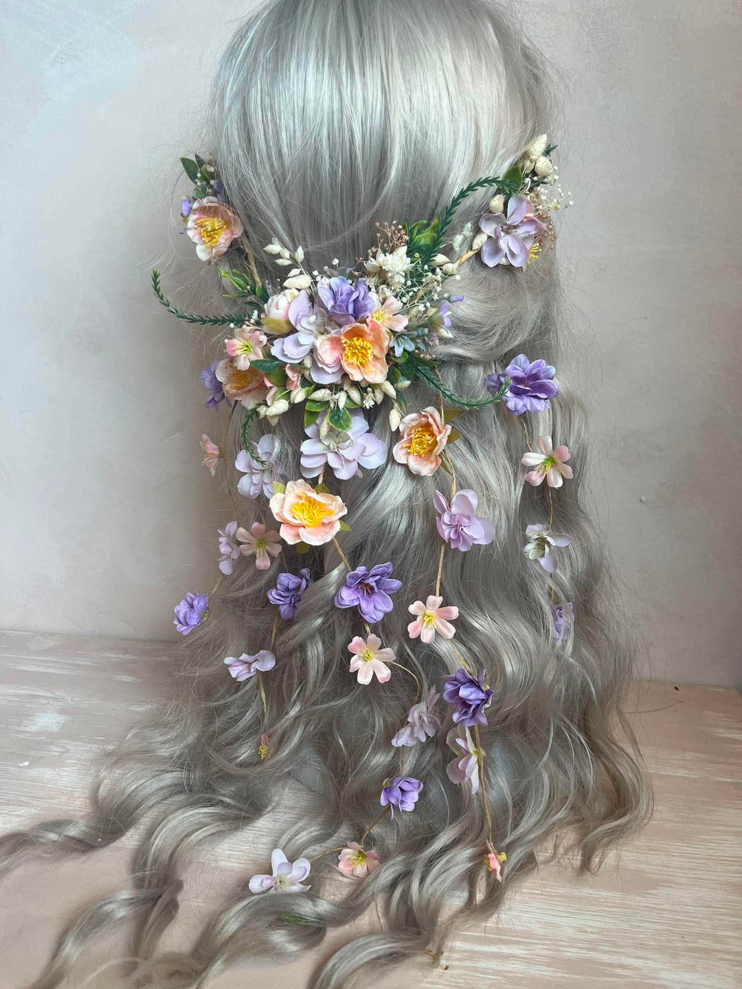 Apricot and Lilac Floral Hair Vine with 5 Hair Clips: Cascading hair accessory – handmade floral hair accessory by magaela