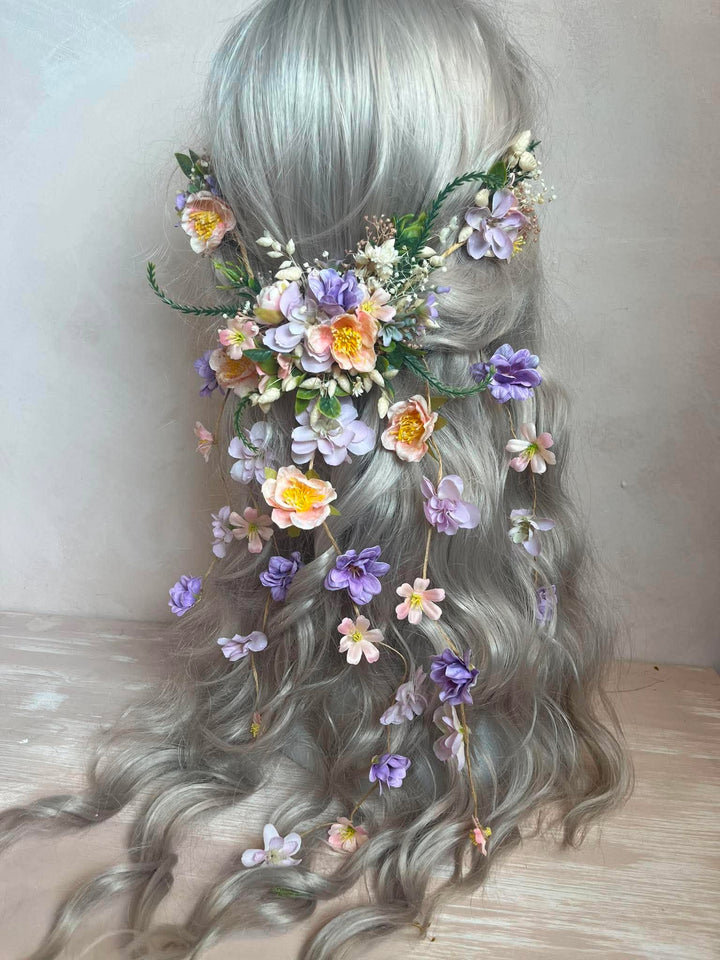 Apricot and Lilac Floral Hair Vine with 5 Hair Clips: Cascading hair accessory – handmade floral hair accessory by magaela