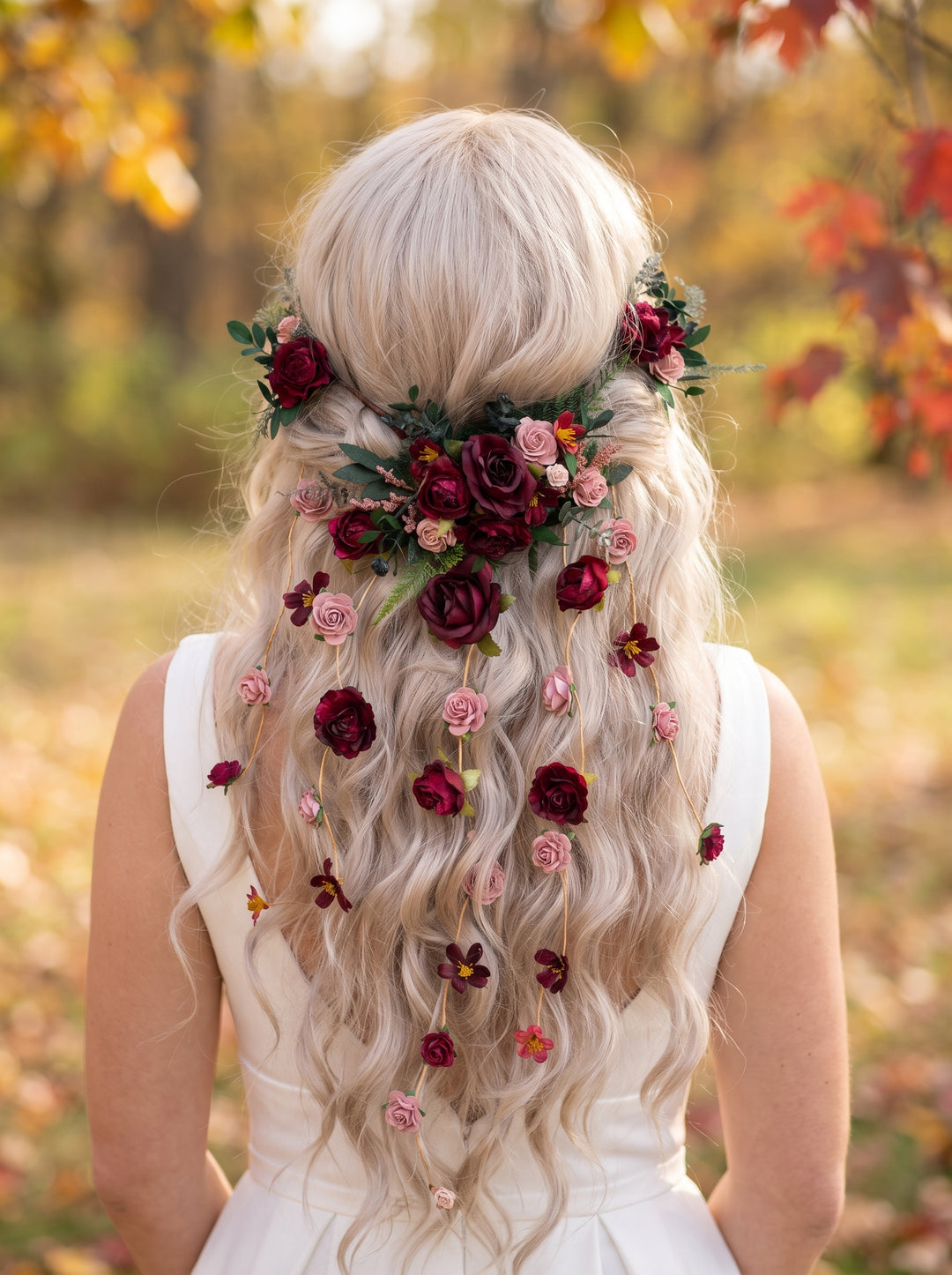 A woman viewed from behind wearing a long, wavy platinum blonde wig adorned with dark red and pink flowers and green leaves, styled with a floral crown in an outdoor autumn setting.