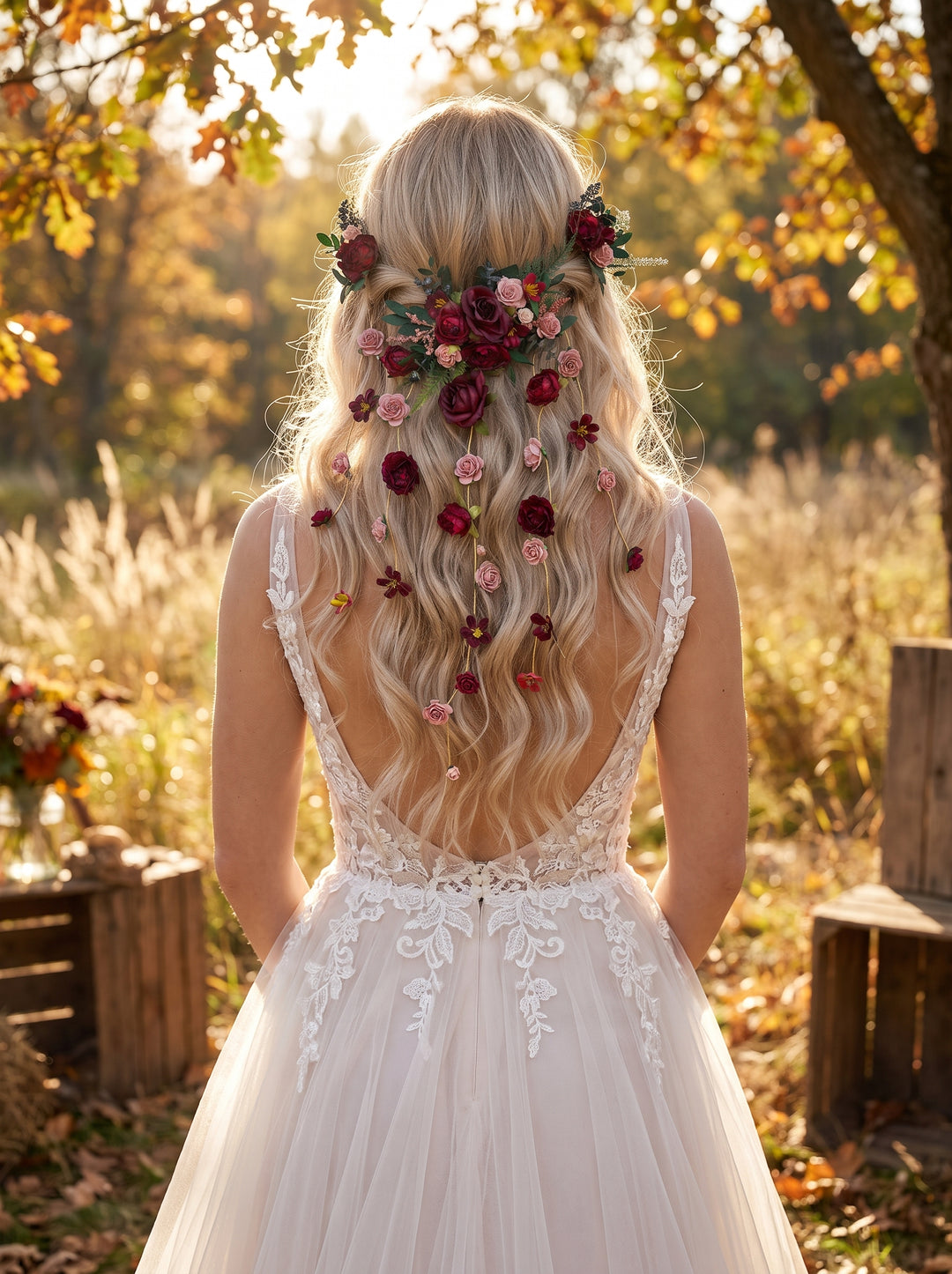 A woman viewed from behind wearing a white lace wedding dress outdoors in a sunlit autumn field, with floral hair accessories in burgundy, pink, and green.