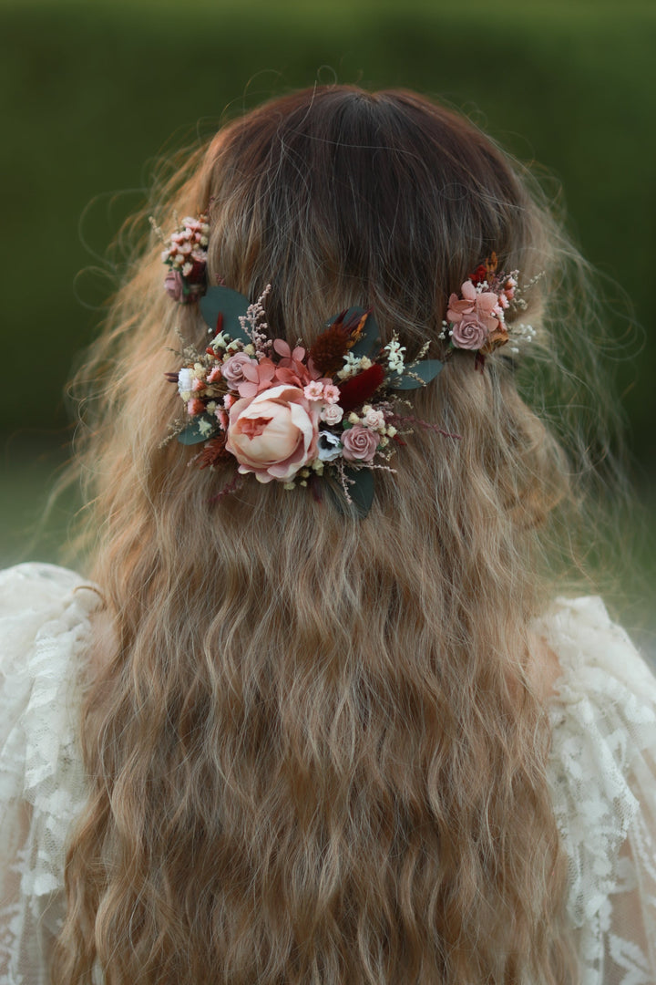 Handmade blush burgundy floral hair vine with peony and roses in bridal half-up hairstyle, golden hour editorial by Magaela