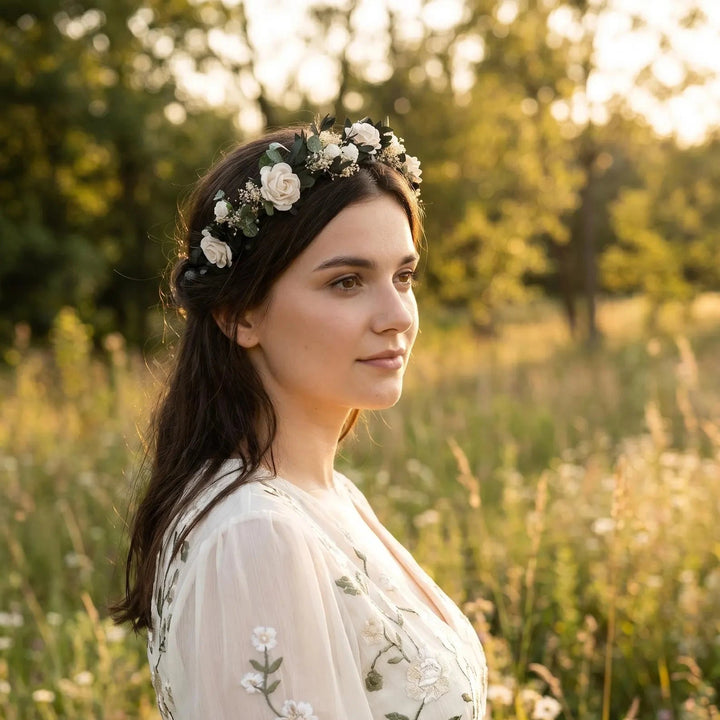 Eucalyptus & Ivory Rose Headband: Romantic Bridal Hair Crown – handmade floral hair accessory by magaela
