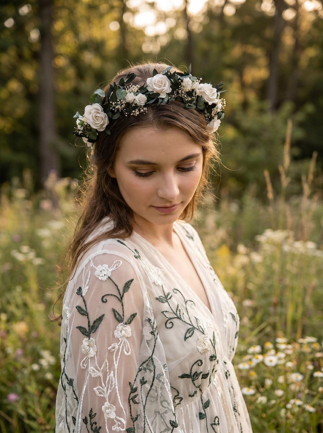 Eucalyptus & Ivory Rose Headband: Romantic Bridal Hair Crown – handmade floral hair accessory by magaela