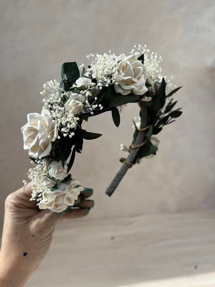 Eucalyptus & Ivory Rose Headband: Romantic Bridal Hair Crown – handmade floral hair accessory by magaela