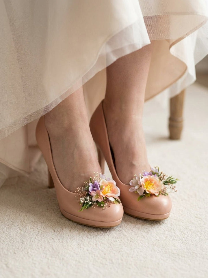 Apricot and Lilac Floral Shoe Clips with Gypsophila and Eucalyptus – handmade floral hair accessory by magaela