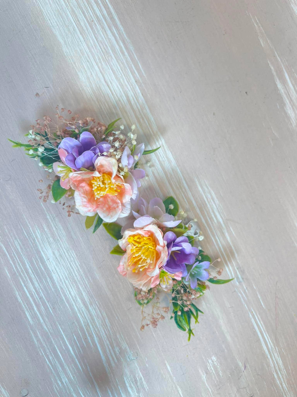 Apricot and Lilac Floral Shoe Clips with Gypsophila and Eucalyptus – handmade floral hair accessory by magaela