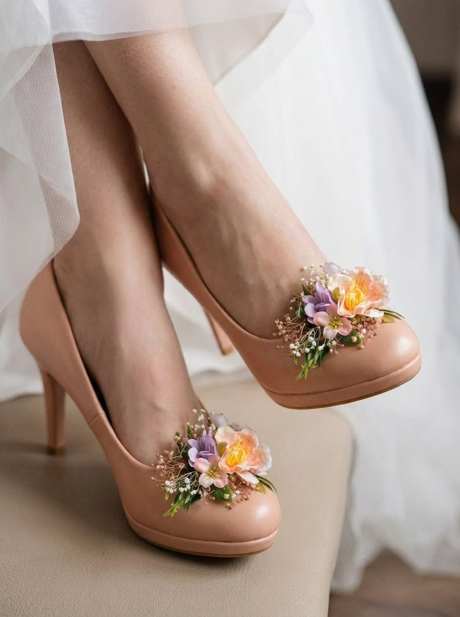 Apricot and Lilac Floral Shoe Clips with Gypsophila and Eucalyptus – handmade floral hair accessory by magaela