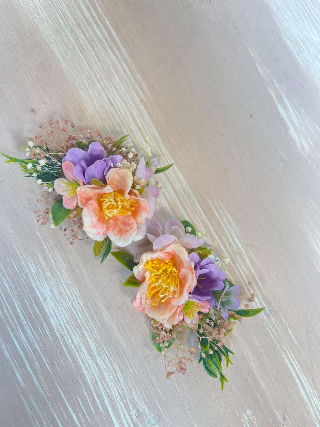 Apricot and Lilac Floral Shoe Clips with Gypsophila and Eucalyptus – handmade floral hair accessory by magaela
