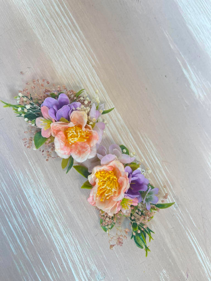 Apricot and Lilac Floral Shoe Clips with Gypsophila and Eucalyptus – handmade floral hair accessory by magaela