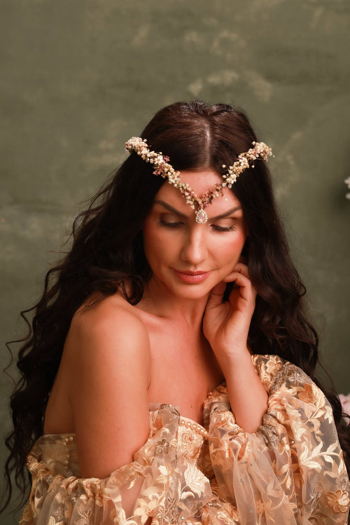 Pink Cream Bridal Tiara with Preserved Gypsophila, Ixodia and Crystal Drop – handmade floral hair accessory by magaela