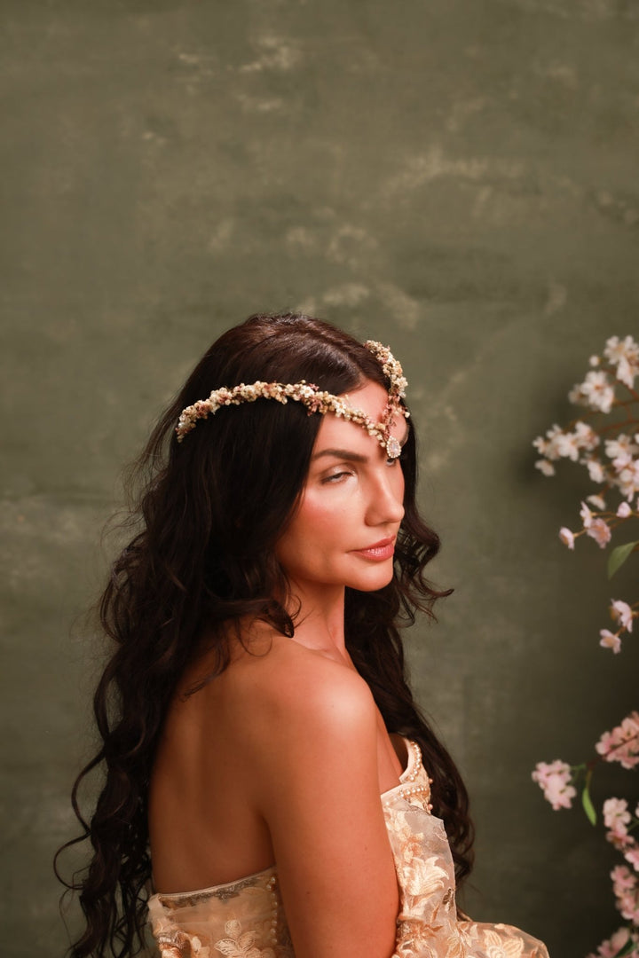 Pink Cream Bridal Tiara with Preserved Gypsophila, Ixodia and Crystal Drop – handmade floral hair accessory by magaela