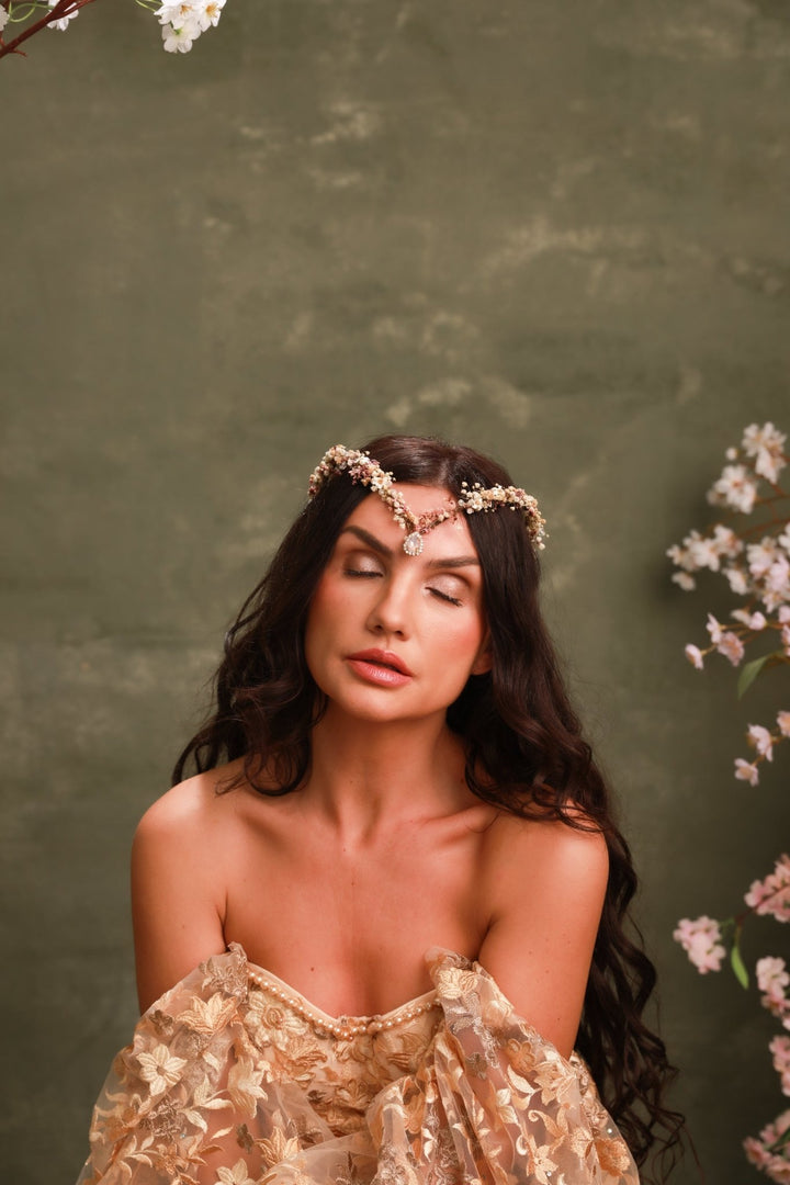Pink Cream Bridal Tiara with Preserved Gypsophila, Ixodia and Crystal Drop – handmade floral hair accessory by magaela