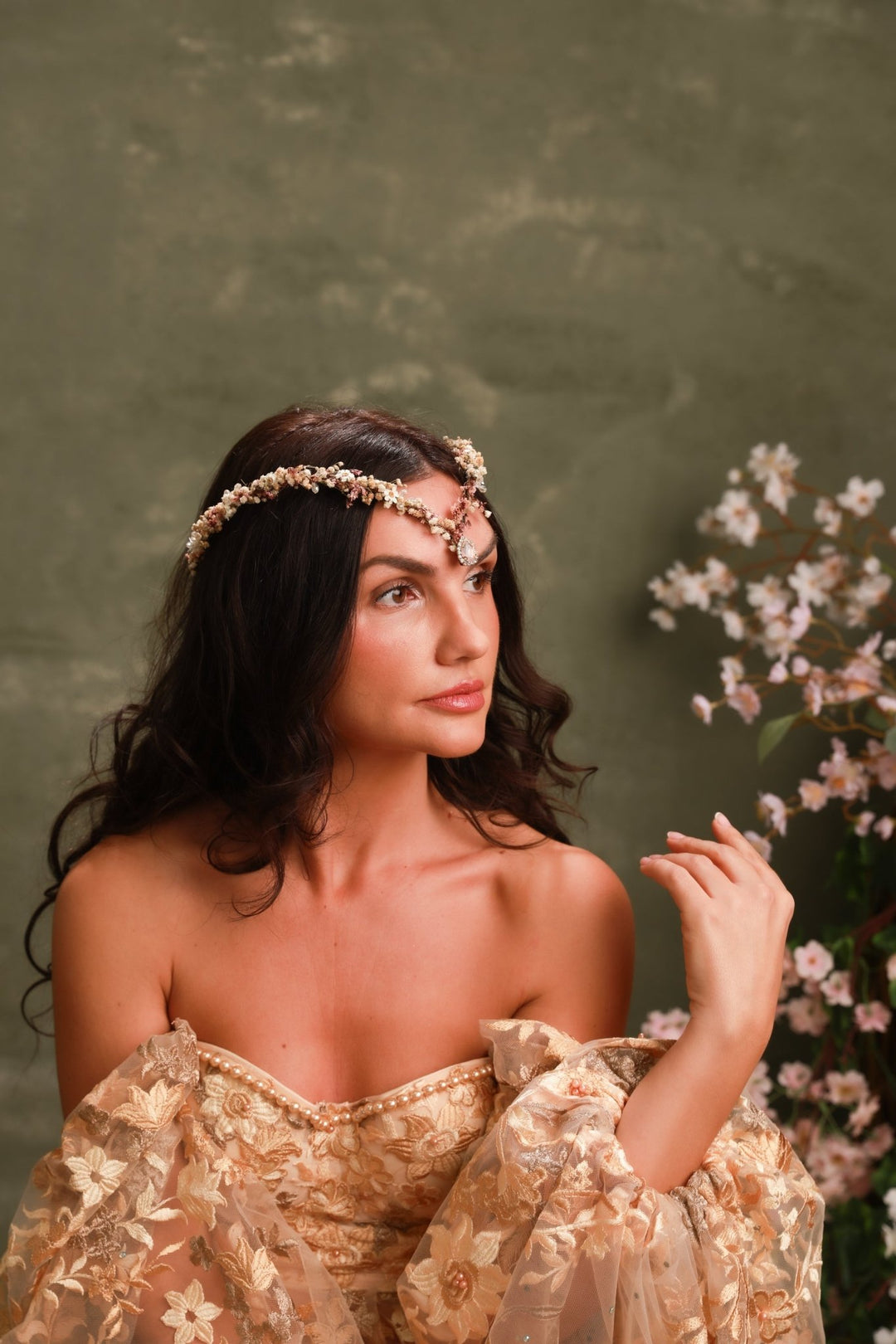 Pink Cream Bridal Tiara with Preserved Gypsophila, Ixodia and Crystal Drop – handmade floral hair accessory by magaela