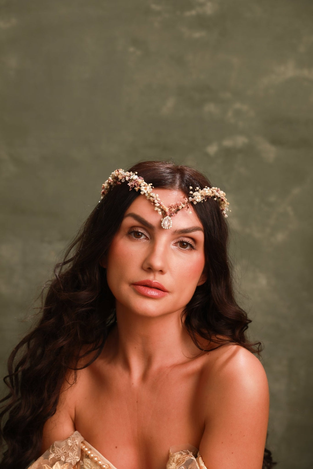 Pink Cream Bridal Tiara with Preserved Gypsophila, Ixodia and Crystal Drop – handmade floral hair accessory by magaela