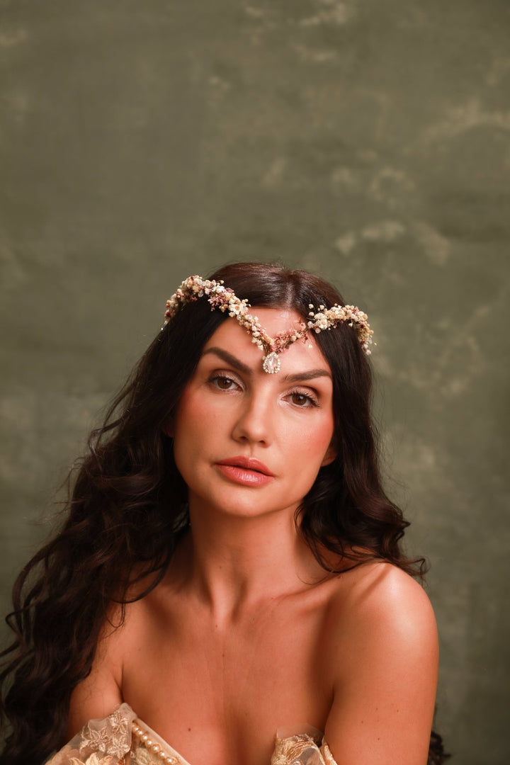 Pink Cream Bridal Tiara with Preserved Gypsophila, Ixodia and Crystal Drop – handmade floral hair accessory by magaela