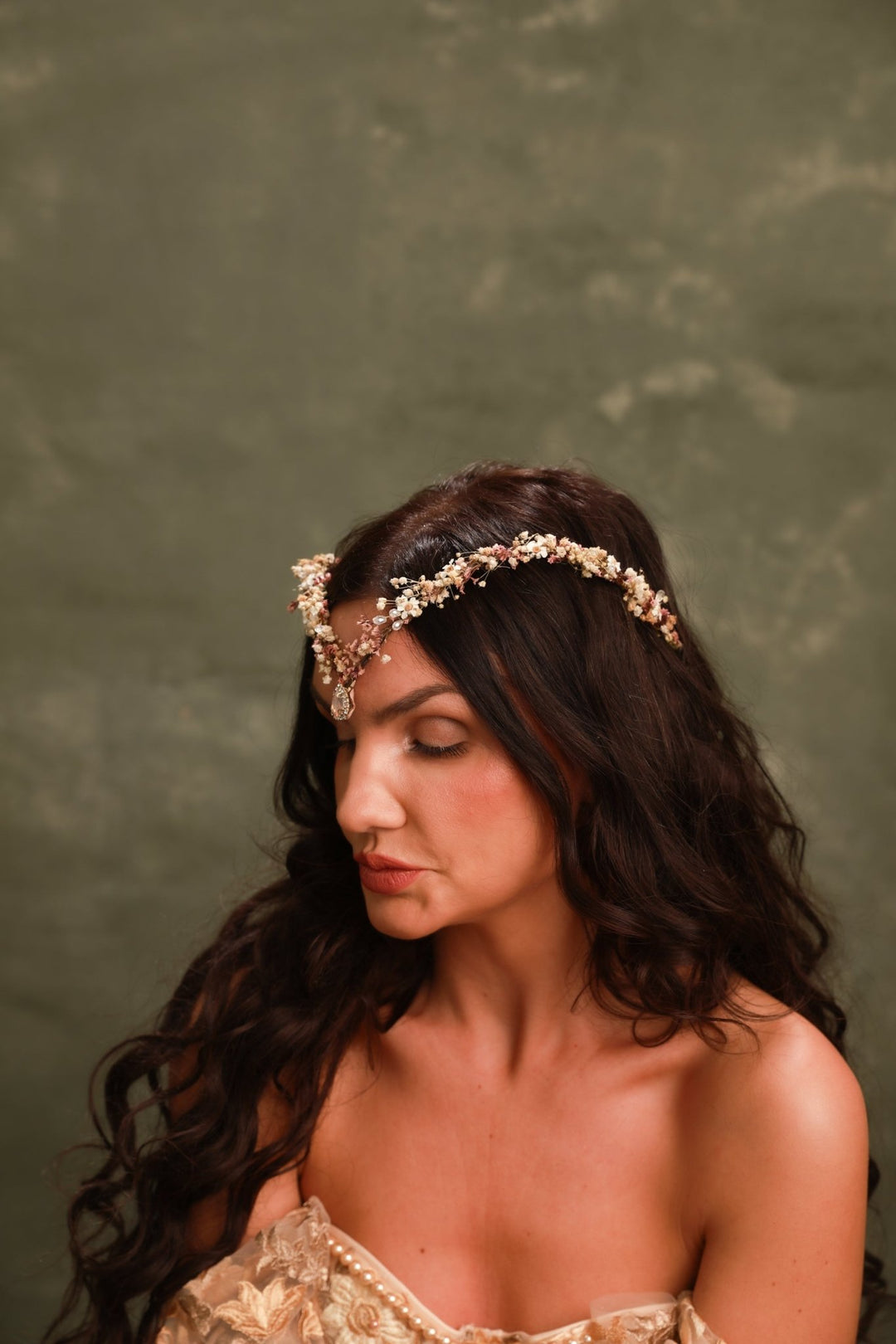 Pink Cream Bridal Tiara with Preserved Gypsophila, Ixodia and Crystal Drop – handmade floral hair accessory by magaela