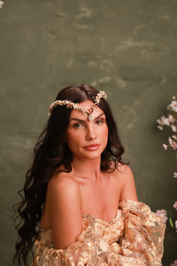 Pink Cream Bridal Tiara with Preserved Gypsophila, Ixodia and Crystal Drop – handmade floral hair accessory by magaela