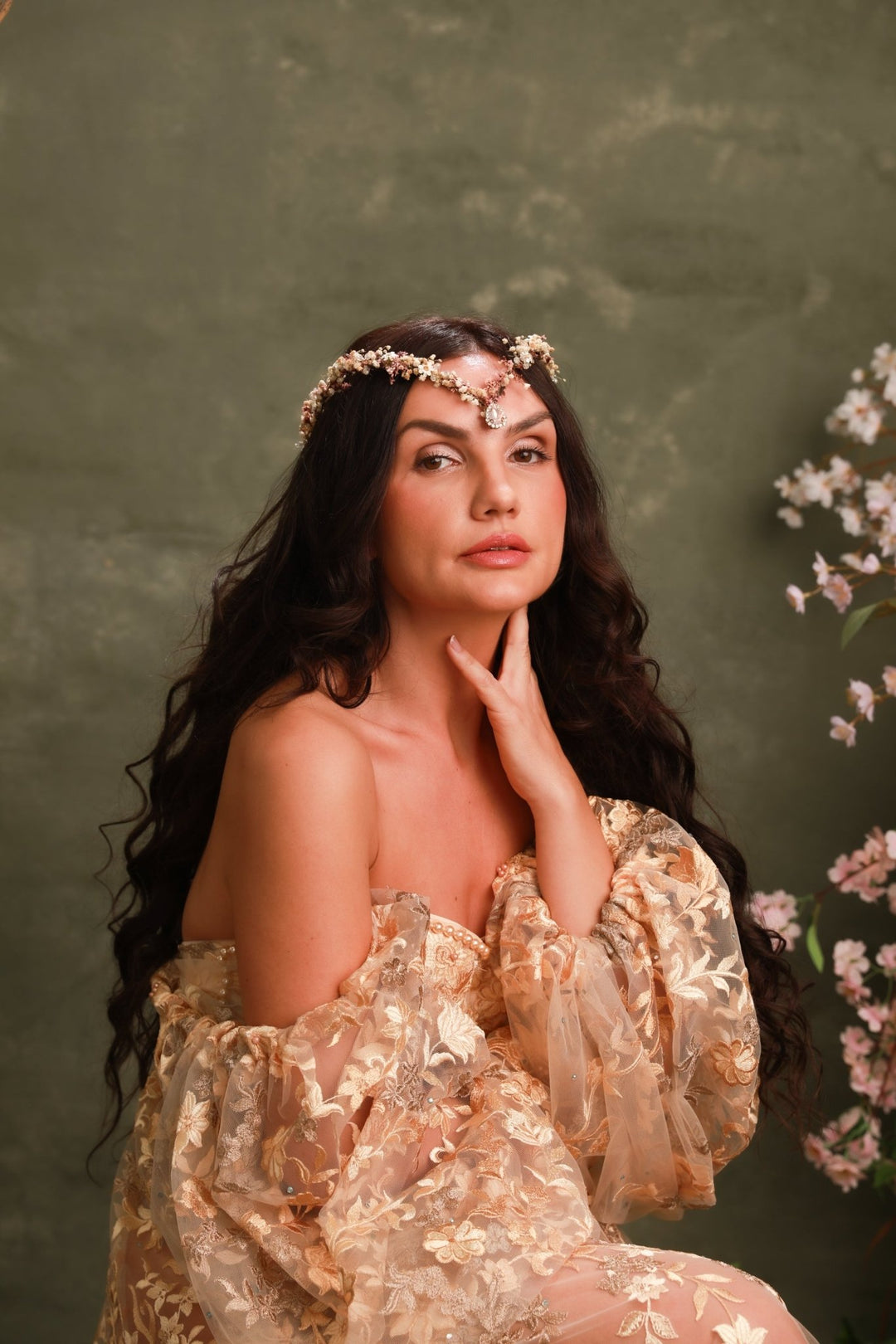 Pink Cream Bridal Tiara with Preserved Gypsophila, Ixodia and Crystal Drop – handmade floral hair accessory by magaela
