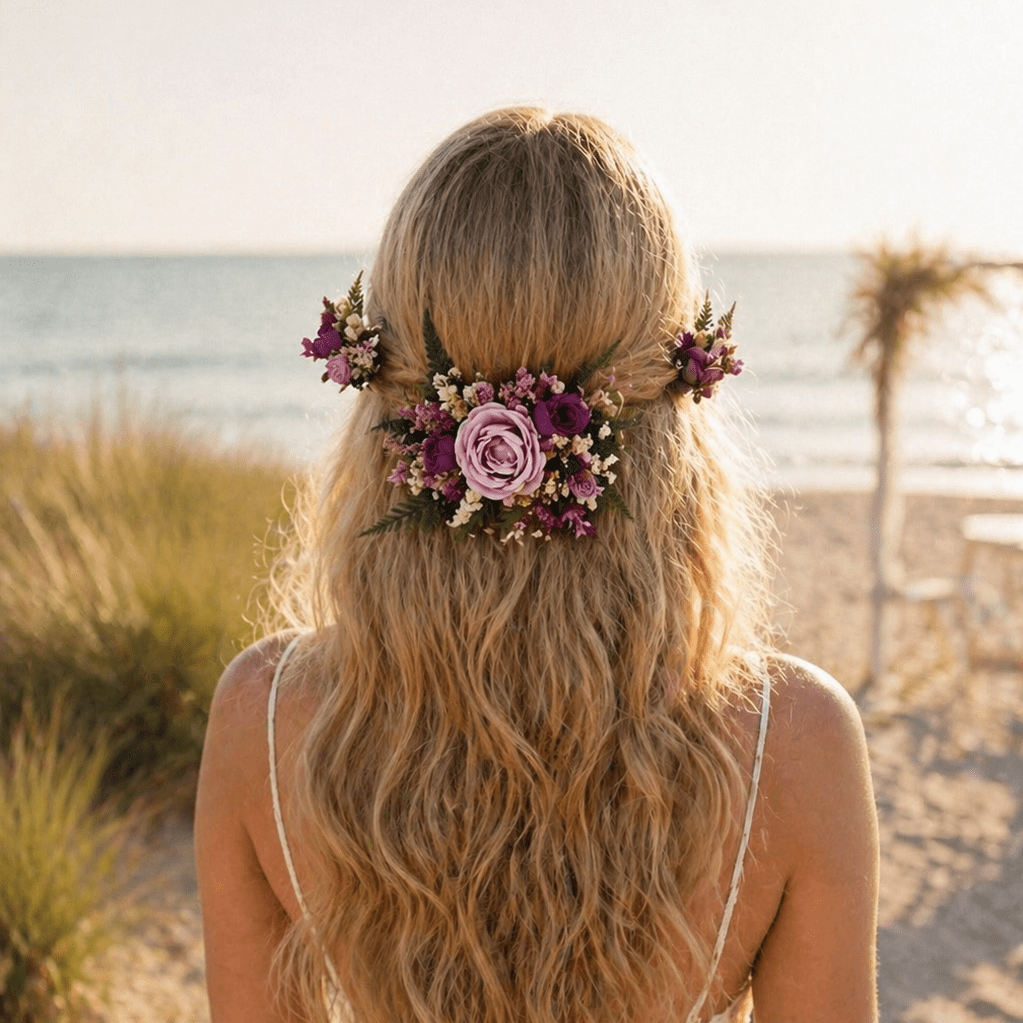Purple Floral Hair Vine with Veil: Romantic Boho Wedding Comb – handmade floral hair accessory by magaela