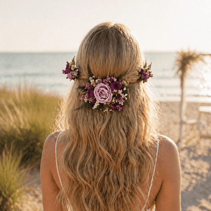 Purple Floral Hair Vine with Veil: Romantic Boho Wedding Comb – handmade floral hair accessory by magaela