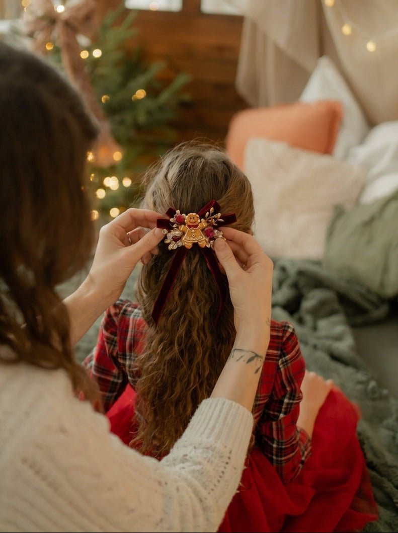 Burgundy Christmas Hair Bow Clip | Gingerbread Charm and Gold Details – handmade floral hair accessory by magaela