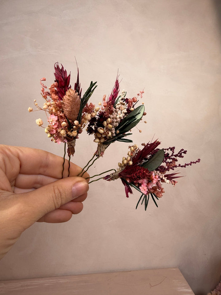 Burgundy and Blush Flower Hair Pins | Bridal Hair Accessories – handmade floral hair accessory by magaela
